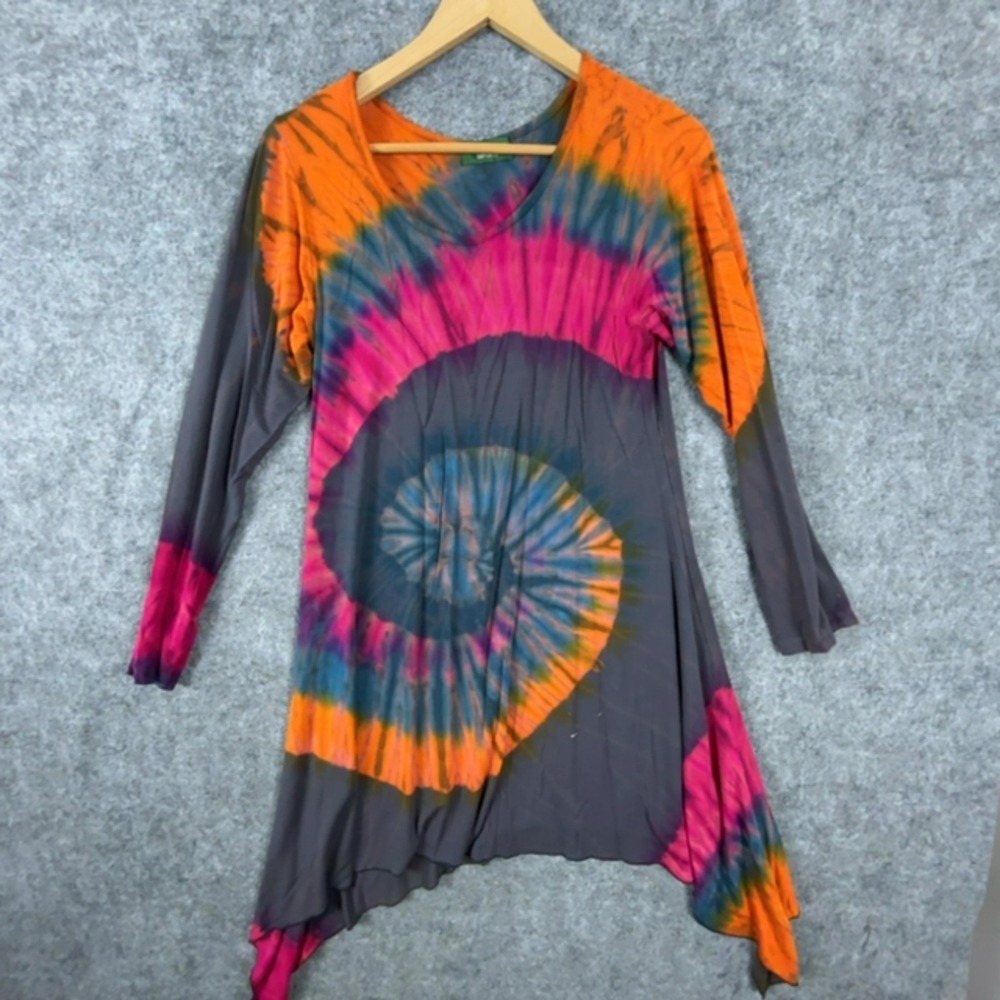 Kathmandu Imports Tunic Top Womens S/M Grey Pink Tie Dye Asymmetrical Hem Hippie